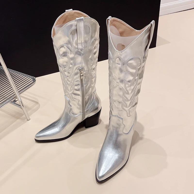 Kcenid Silver Fashion Embroidery Knee High Cowboy Boots For Women Sexy Pointed Toe Square Heels Shoes Female Knight Booties