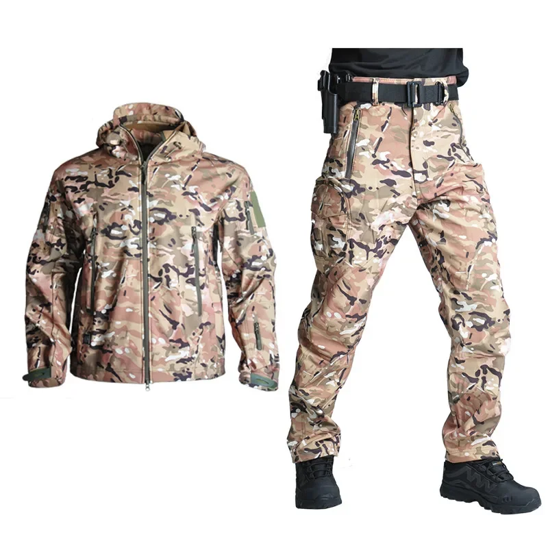 

Tactical Jackets Men Soft Shell Jacket Windproof Camo Hunting Suit Shark Skin Hunting Hiking Jacket+Pants XS-5XL