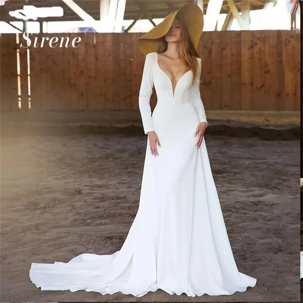 

Sirene Simple Long Sleeve Stain Wedding Dress Elegant Deep V Neck Backless Floor Length Bridal Gown Custom Made Vestido De Novia