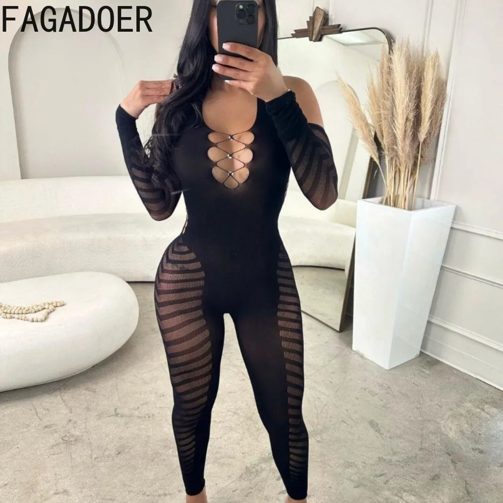 

FAGADOER Black Sexy Hollow Perspective Bodycon Nightclub Jumpsuits Women Backless Long Sleeve Slim Playsuits Female Overall 2024