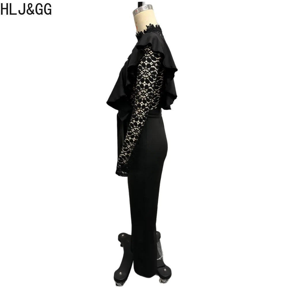 HLJ&GG Sexy Lace Perspective Jumpsuits Women Round Neck Long Sleeve Splicing Wide Leg Pants One Piece Playsuits Female Overalls