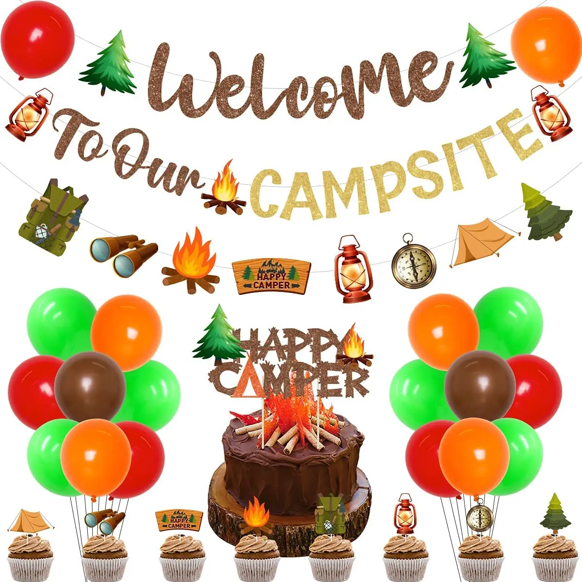 

JOYMEMO Camping Decorations Happy Camper Cake Toppers Welcome To Our Campsite Banner for Camping Themed Birthday Party Supplies