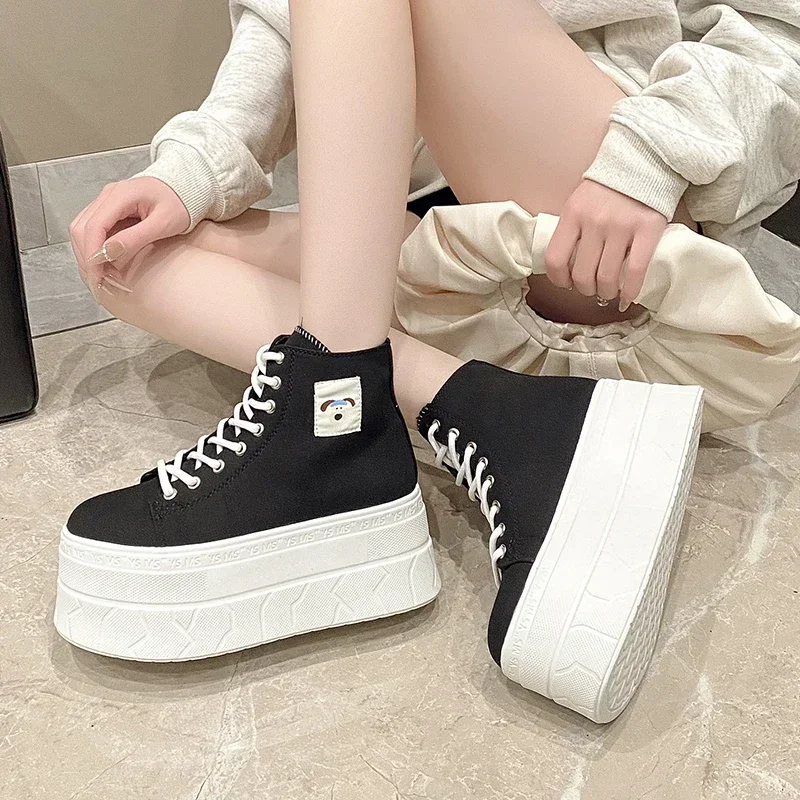 7.5CM 여성 발목 부츠 높은 플랫폼 Vulcanized 신발 웨지 힐 스니커즈 여성 봄 가을 두꺼운 단독 가죽 짧은 부츠