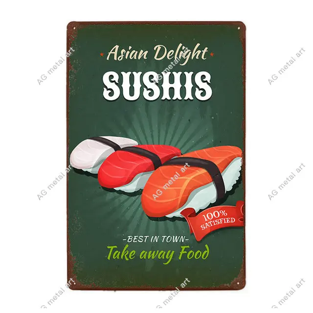 

Fast Food Poster Burger/Pizza/Sandwich/Sushis/French Fries Retro Metal Signs Plaque Wall Pub Bar Kitchen Restaurant Home Decor