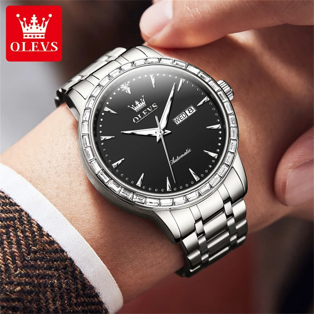 OLEVS Diamond Automatic Watch for Men Luxury Dual Calendar Top Brand Waterproof Luminous Business Dress Men's Watches Hand Watch