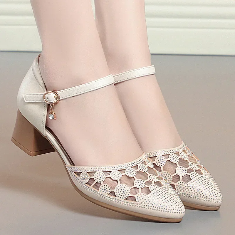 4.5cm Breathable Close Head Rhinestone Mesh Leather Shoes Summer