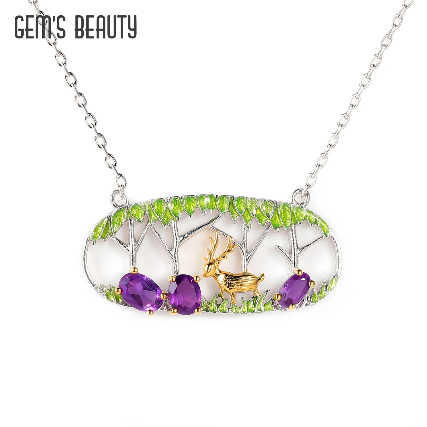 

GEM'S BEAUTY 925 Sterling Silver Oval Natural Amethyst Necklace Deer in the Woods Necklace Outdoor Wanderlust Jewelry