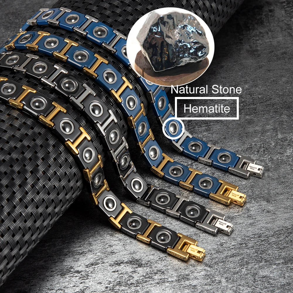 Vinterly Anti-scratch Ceramic Bracelet for Men Blue Gold-color Energy Magnetic Hematite Benefits 21CM Jewelry Waterproof Punk