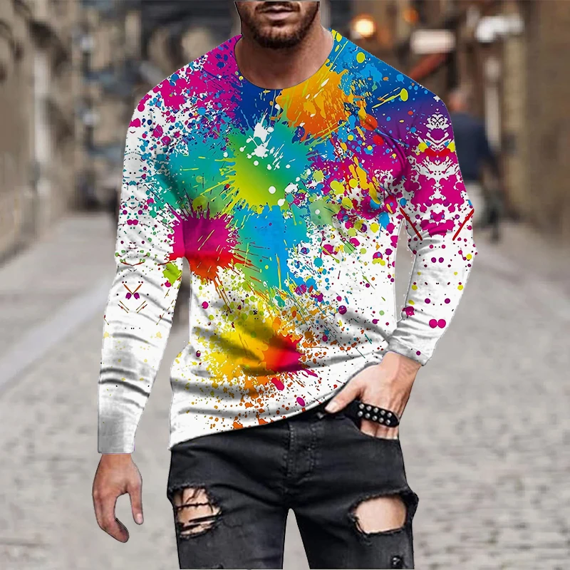 Mens Long Sleeve Tie Dye T Shirt Casual Streetwear