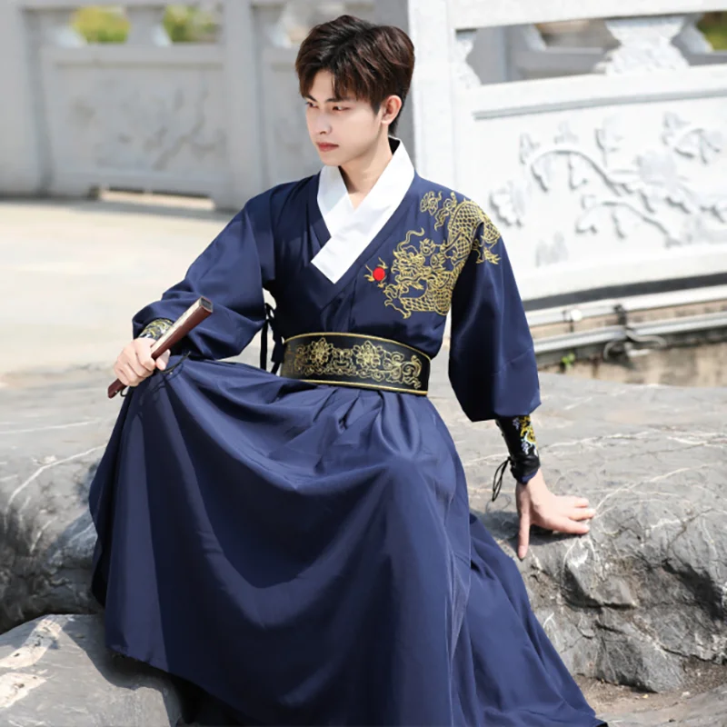 Plus Size 4XL Hanfu Men Ancient Chinese Hanfu Navy Gown