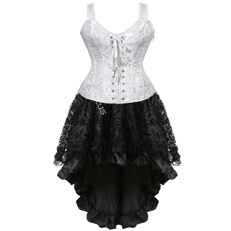 Black Corset Dress Top Skirt Set Plus Size Bustier Victorian Lace up Lingerie for Women Burlesque Gothic Style Korsett Mujer