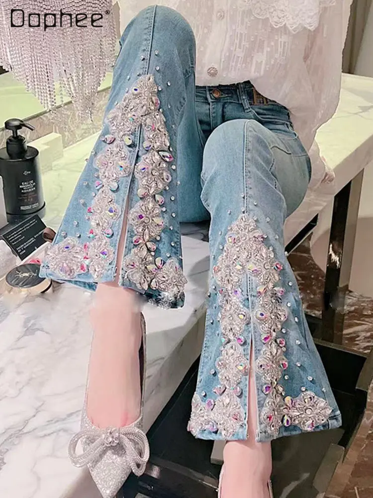 2023-spring-new-luxury-colorful-crystals-jean-bootcut-pants-sweet-slit-hemline-high-waisted-denim-trousers-flare-jeans-women