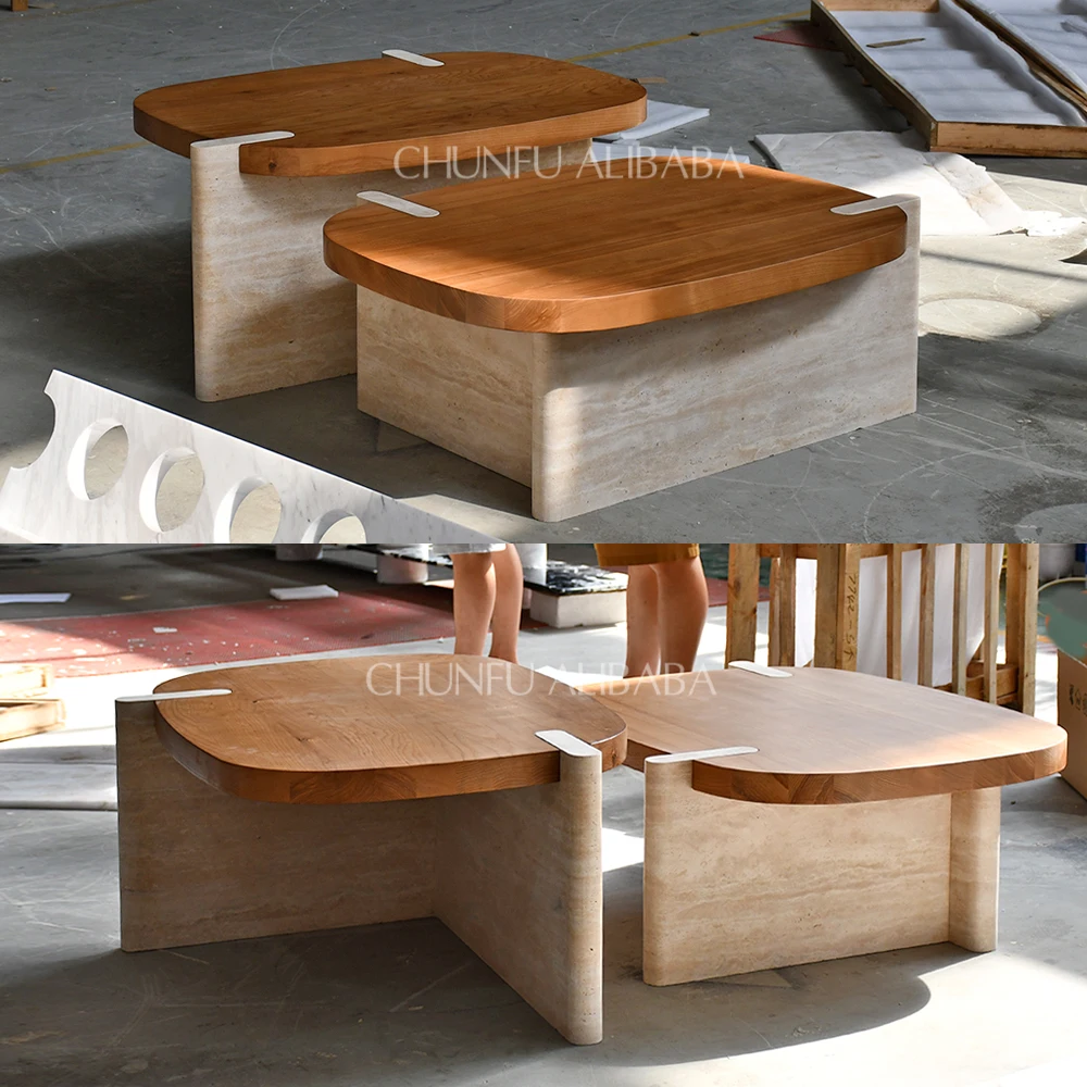 ODM Italian Luxury Style Beige Stone Living Room Furniture Nesting Table Travertine Solid Wood Coffee Table