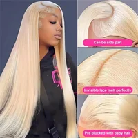 Perruques blondes 613 transparentes, perruque frontale en dentelle de 46 pouces, cheveux raides, densité 250, perruques brésiliennes en cheveux humains pour femmes 3
