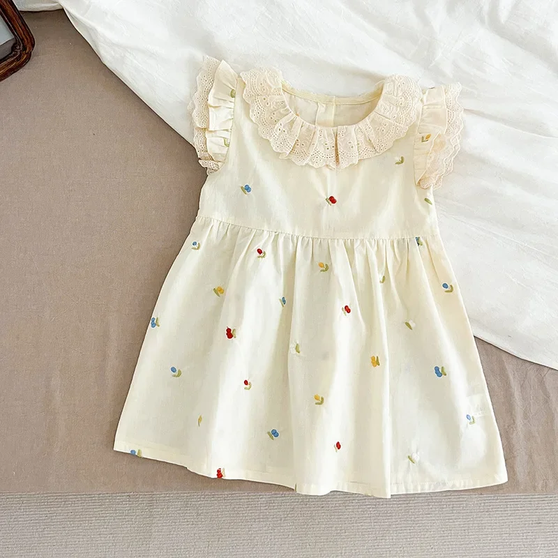Cute Girls Summer Dresses Lace Collar Baby Bodysuits