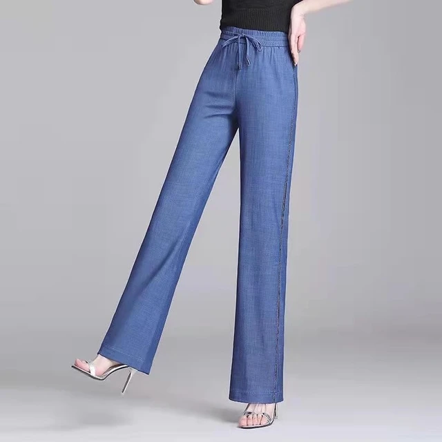 High waisted Denim Wide leg pants Women Black Blue Summer Thin