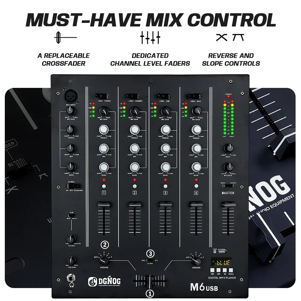 M6 USB 4-Channel Scratch DJ Mixer with Built-In Audio Interface 3-Band EQ Microphone Input and Replaceable Crossfader DGNOG
