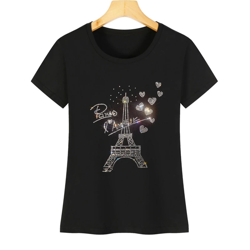

Best-selling T shirts for women summer short-sleeved fashion love Paris tower crystal T-shirt O-neck soft cotton ladies T shirts