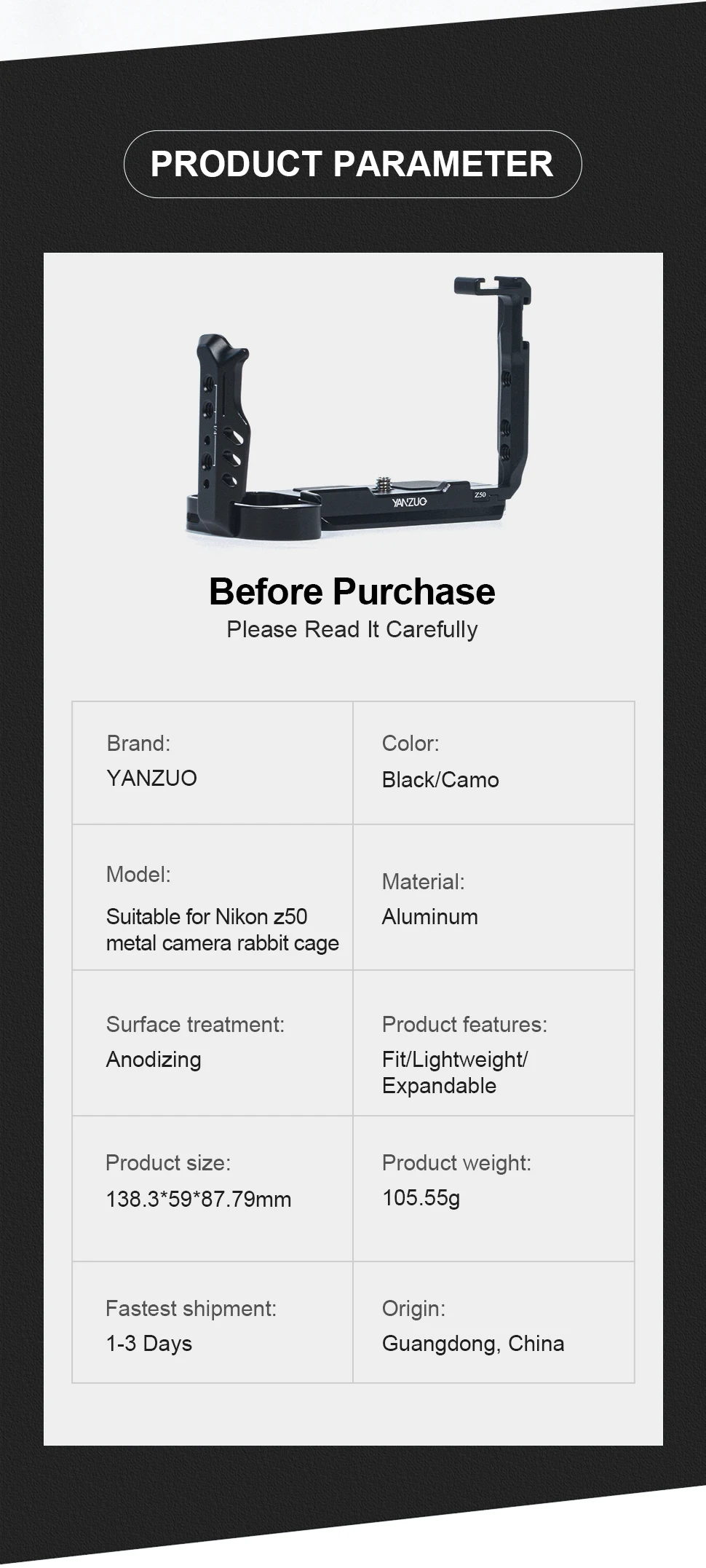 Camera Cage for Nikon Z50 Camera Bracket Protective Frame Quick Release Plate wi