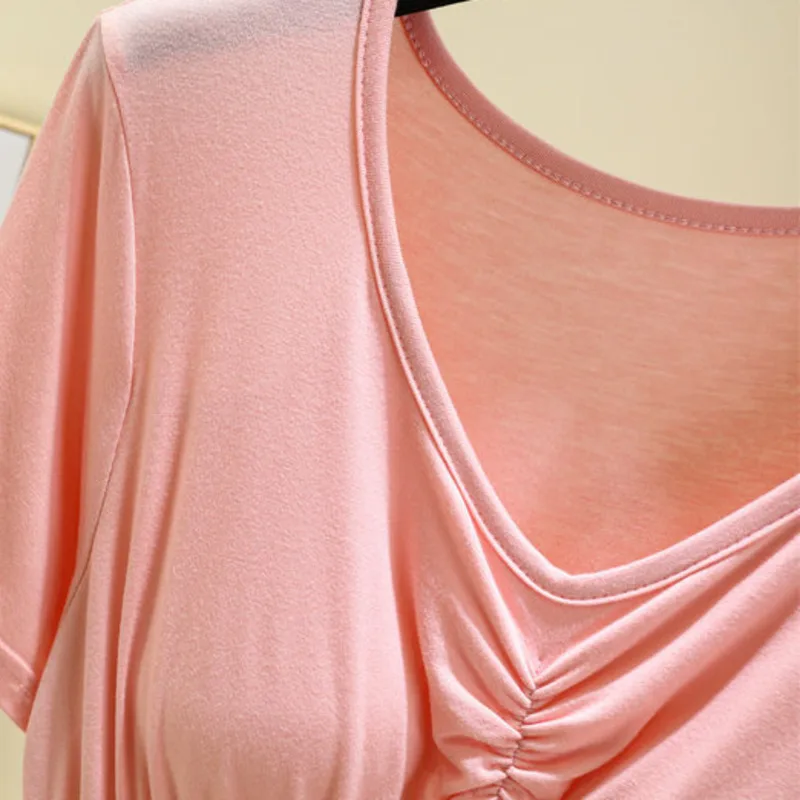 Modal Nightdress Women Short Sleeve V-Neck with Chest Pad Nightgown Night Dress Summer Solid Home Clothes Gown Nightwear Pajamas