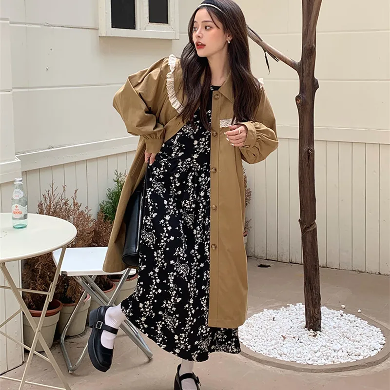 

2022 Shot Real Price New Style Fashionable Loose And Energetic Girl's Lace Design Windbreaker Long Coat Free Shipping
