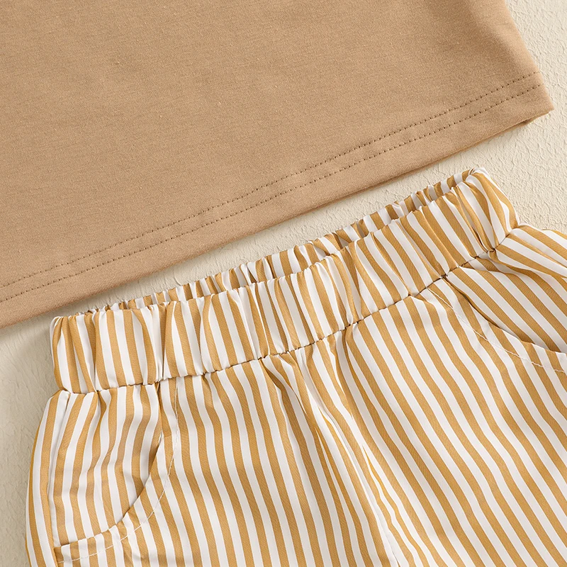 Vintage Toddler Kids Boy Summer Clothing Outfits Animal Embroidery Round Neck Short Sleeve T-shirts with Striped Shorts Outfits, kids clothing set