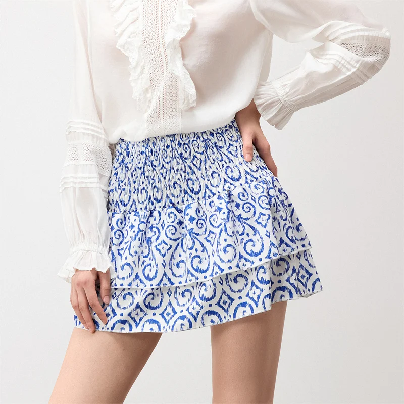 Minifalda de verano para mujer, con estampado floral, elástica, de cintura alta, con volantes escalonados, faldas cortas de corte A, faldas para salir, ropa de calle