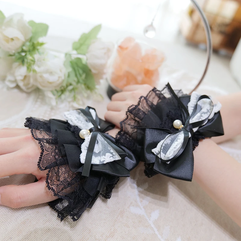 White Flower Lace Pearl Bow Fake Flared Sleeves Bracelet Sweet