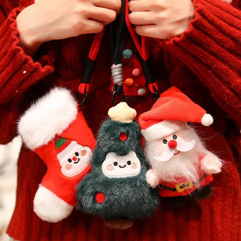Kawaii Christmas Plush Keychain Cartoon Santa Claus Christmas Tree Doll Stuffed Toys Car Keyring Bag Pendant Hanging Decor Gift