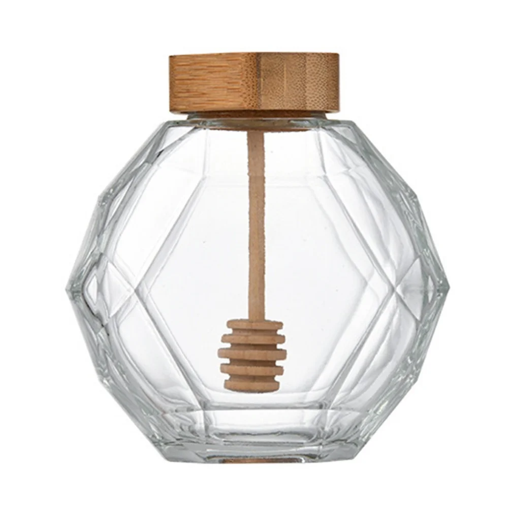 Hexagonal Glass Honey Bottle with Wooden Stirring Rod Honey Packaging Bottle Small Honey Bottle Container Honey Jar Storage Can