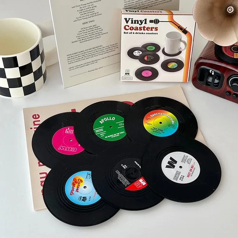 Cup Coaster Set 6 Pcs Cup Mat Vinyl Record Coasters Non-slip Coffee Coasters Heat-resistant Music Drink Coasters Table Mats Cups 1