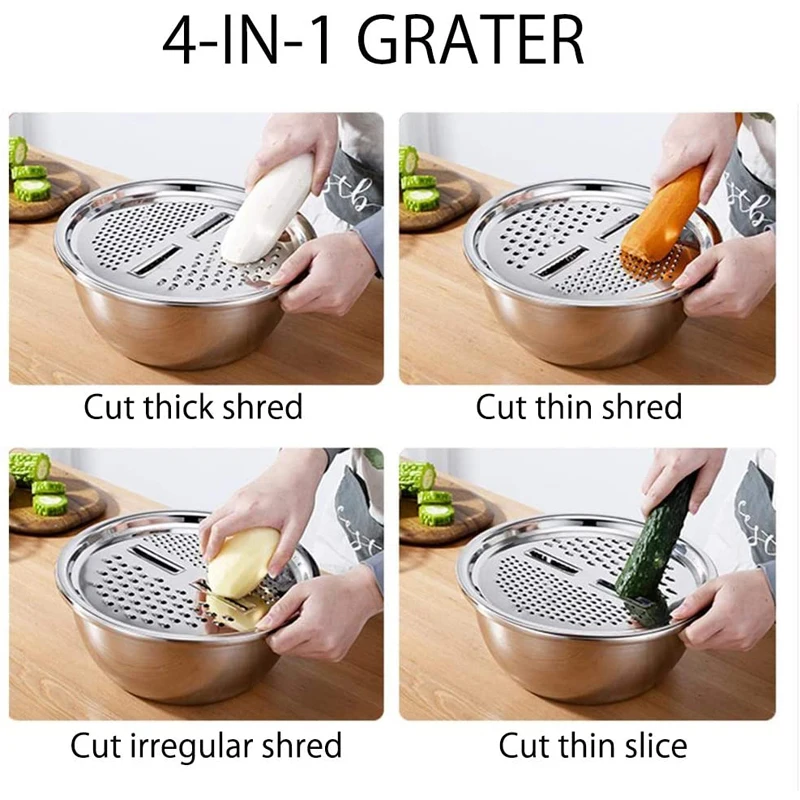 Vegetable slicer 3 In 1 vegetable slicer cutter drain basket stainless steel vegetable julienne grater salad maker bowl kitchen accessories
