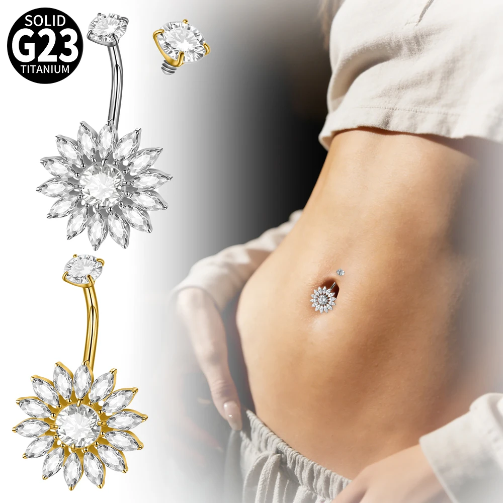1 Stück Hochwertiger G23 Titan Marquise CZ Edelstein Sonnenblumen Bauchnabelpiercing mit Innengewinde, Charmanter Körperschmuck