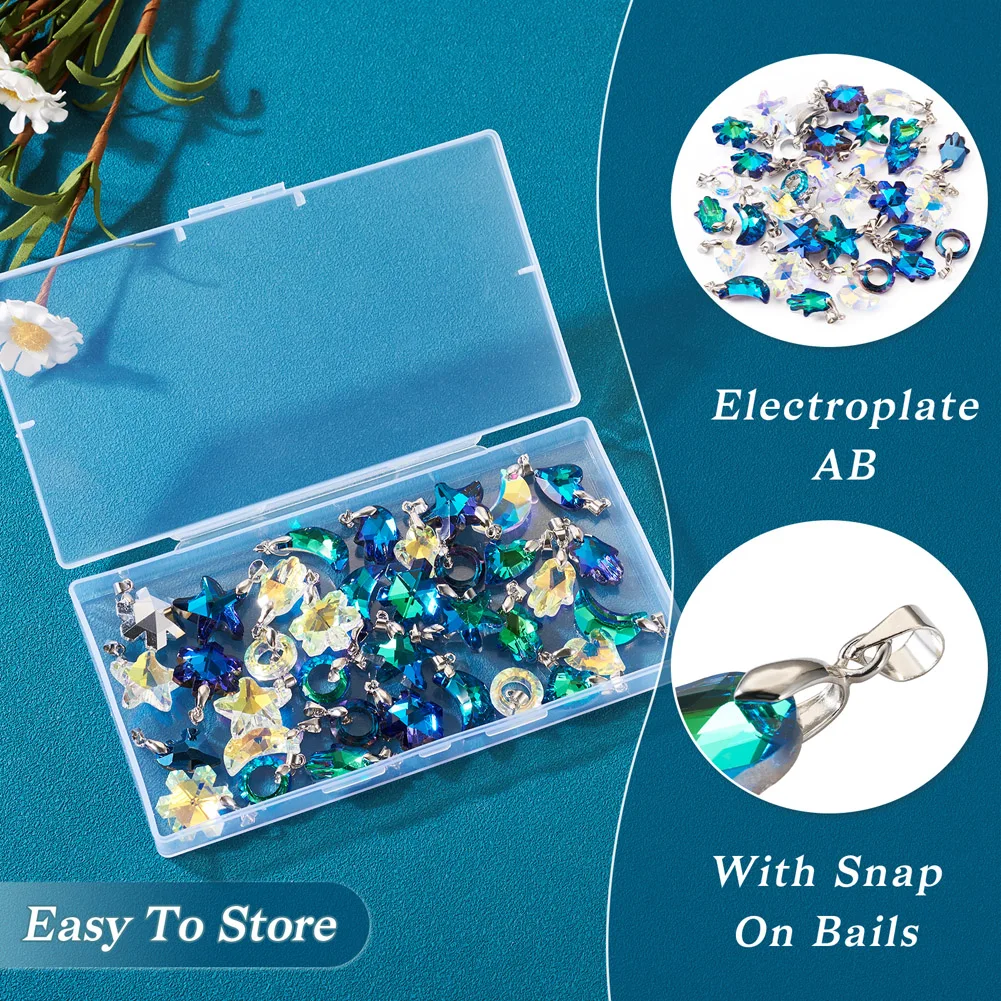 36pcs Mixed Electroplate Glass Pendants Starfish Donut Moon Hand Glass Charms for Earrings Necklace DIY Jewelry Making Findings