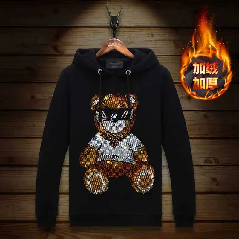 

2024 Rhinestones Bear Cartoon Men Hoodies Sweatshirts Fashion Streetwear Pullover Belt Hooded Hoodie Thick Mens Winter Clothes