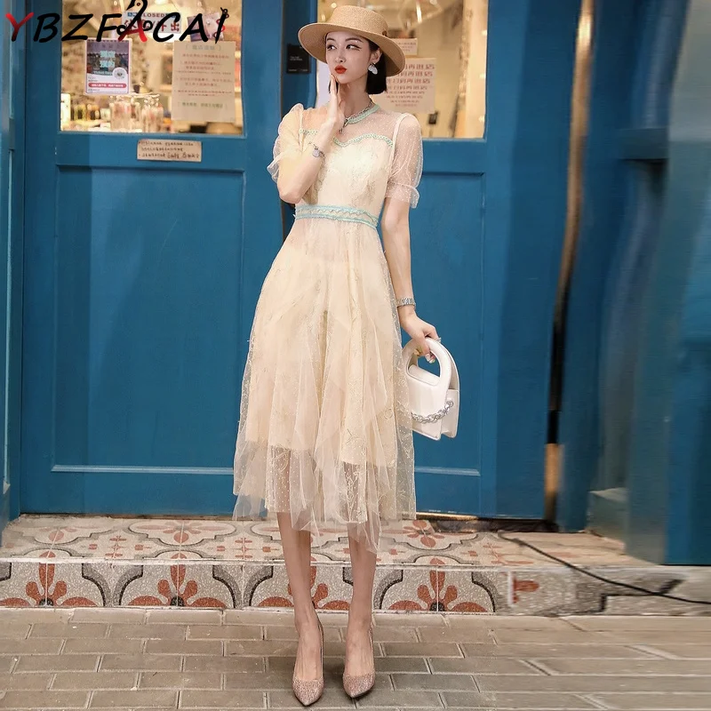 

Summer Retro Court Embroidered Floral Lace Dress Women O Neck Short Sleeve High Waist Mesh Ruffle Dress Elegant Party Midi Dress