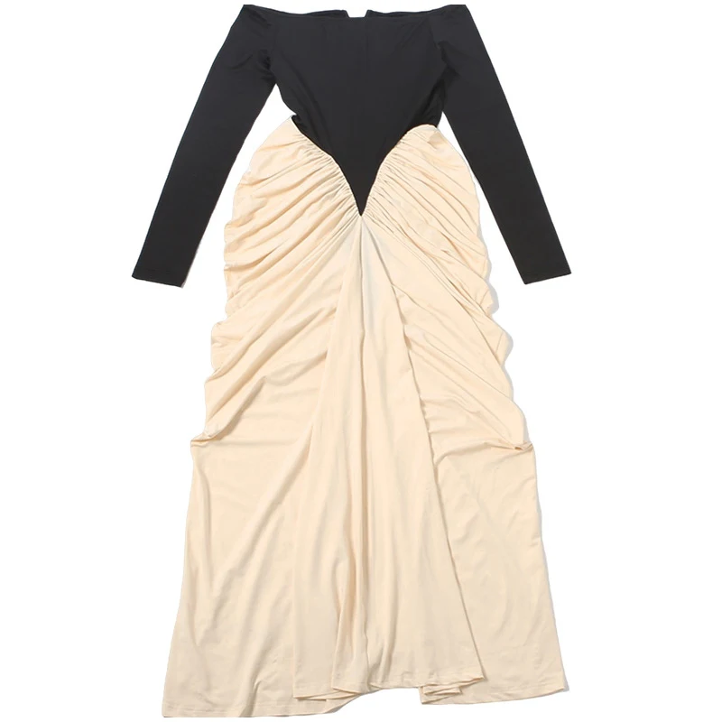 Frauen Patchwork Off-Schulter Midi Kleid Volle Hülse Drapierte Rüschen Unregelmäßige Kleider 2025, Weibliche Neue Tägliche Abend Party robe – Detail 3