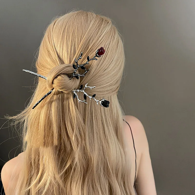 2025 New Chinese Hairpin Hair Stick Rose Flower Crystal Branch Metal ...