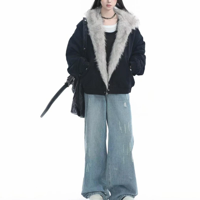 American Harajuku Warm Jacket Mens and Womens Retro Simple Plush Jacket with New Loose Leather Motorcycle Punk Fur Collar Jacket