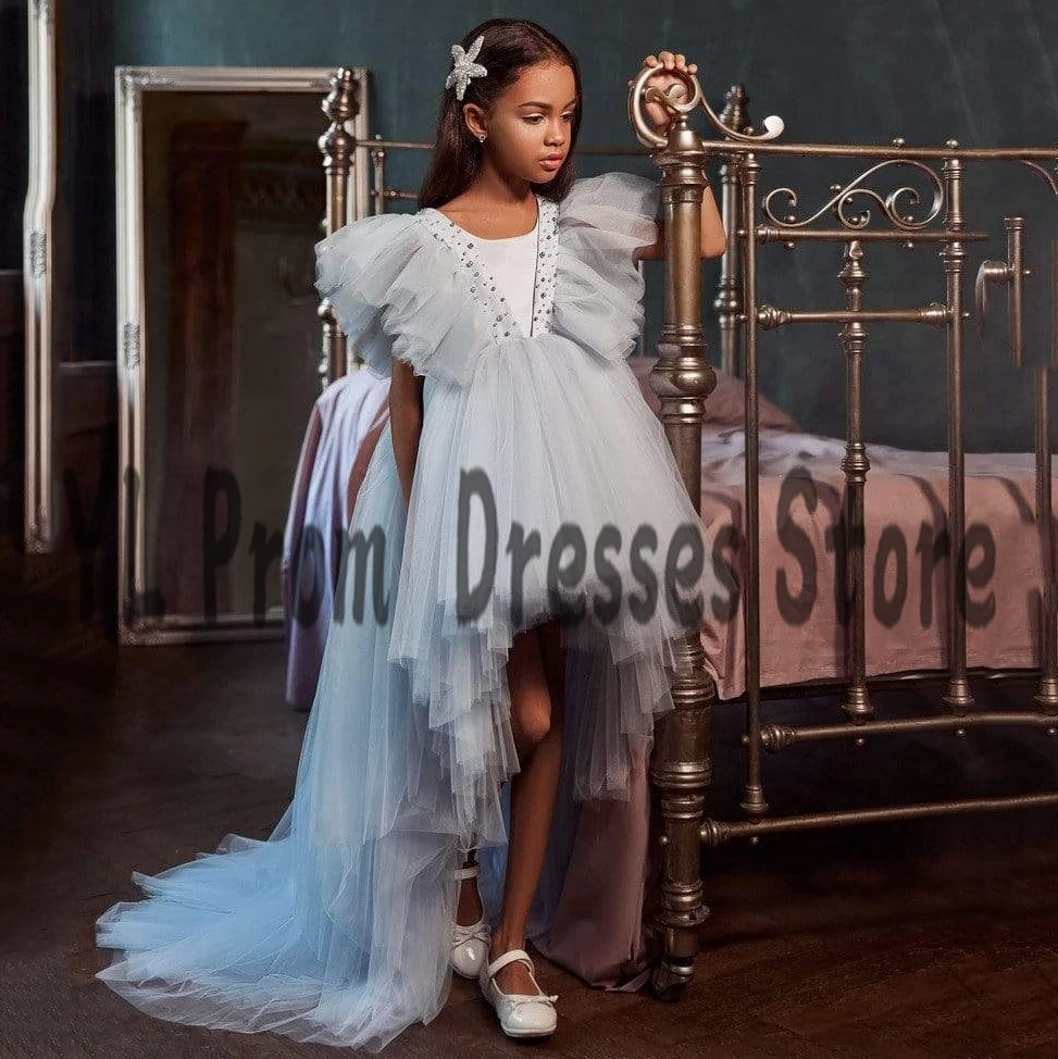 

YL Fashion High Low Flower Girl Dresses With Long Train Short Blue Tiered Sleeve Beauty Pageant Gowns Puffy Tulle Children Gown