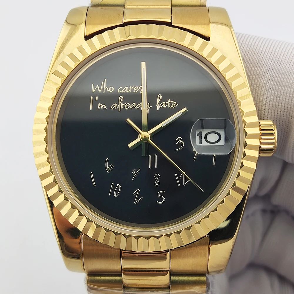 Gold Men Watch Who cares i'm already late Watch No gold Text Sapphire Glass Stainless Steel nh35 Movement Waterproof
