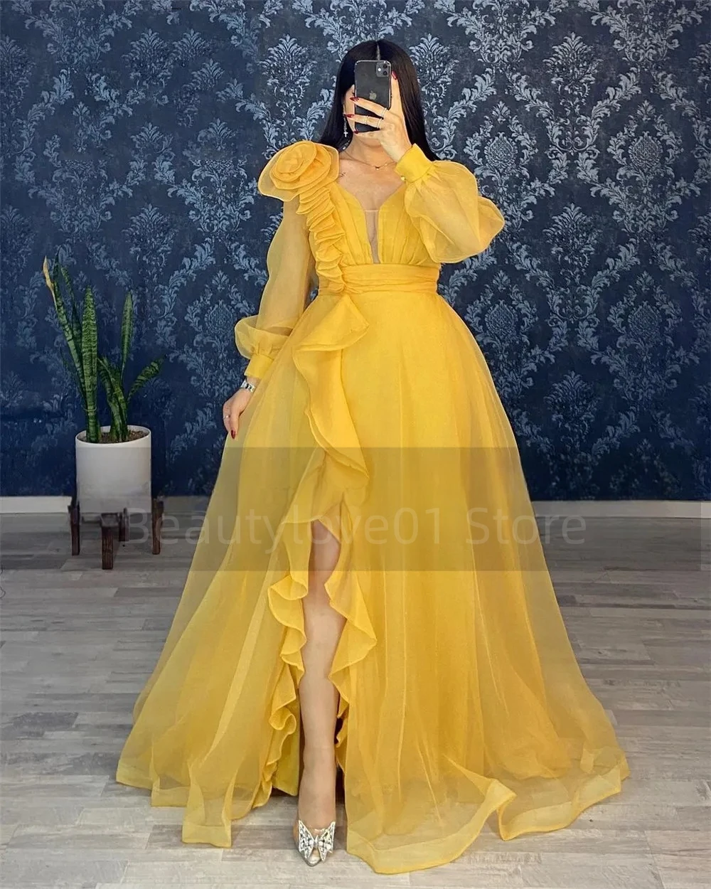 

Classic Sweep Train V-Neck Yellow Long Sleeves Prom Dresses Ruffle High Slit Evening Gown فساتين مناسبة رسمية Vestidos De Fiesta