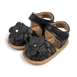 Infant Baby Girls Flower Princess Sandals - Soft Sole Non-Slip Dress Shoes - 0-6 months (Black)