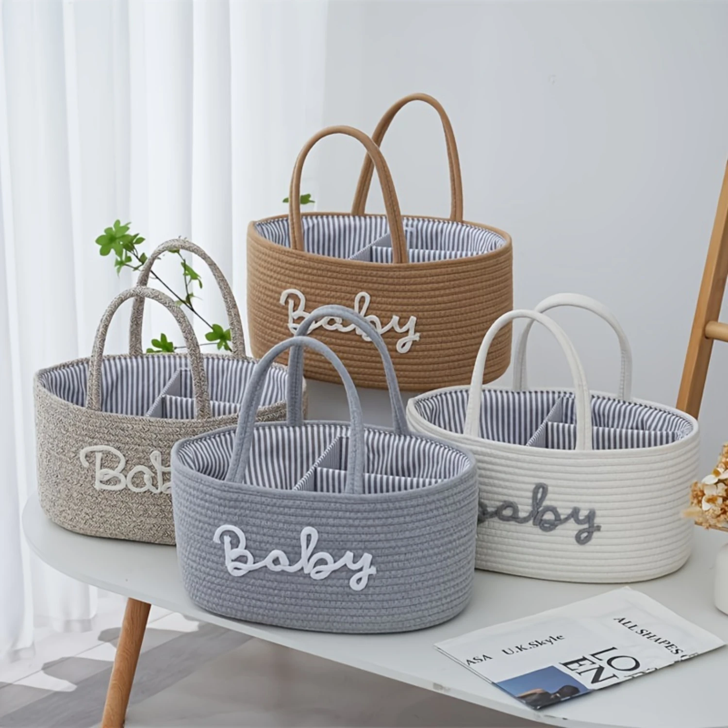 Casual Style 3-Compartment Cotton Woven Basket Organizer for Bottles, Diapers, Bathroom Supplies-Perfect for Poolside Accessor