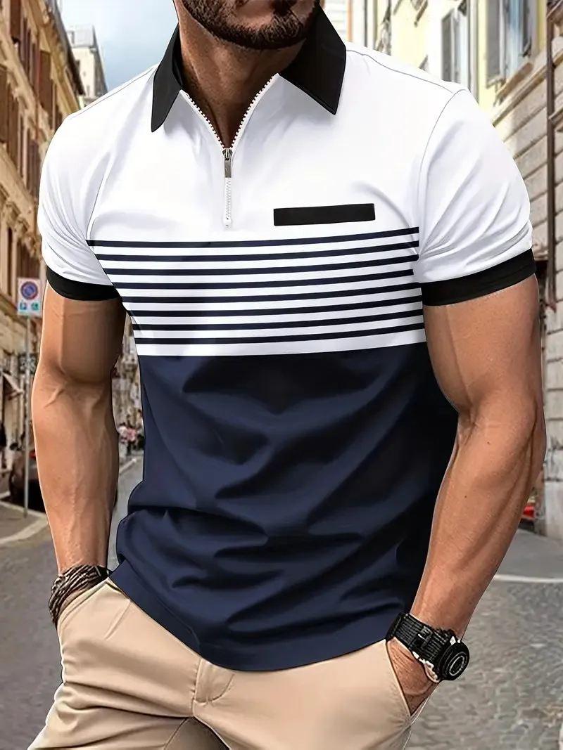 New Summer Striped 3D Printed Men's Polo T Shirt Fashion Lapel Button Zipper Top Hipster Trend Streetwear Short Sleeve Tops 12 S72cdf630c3564571be5cc73aa26bee4e7