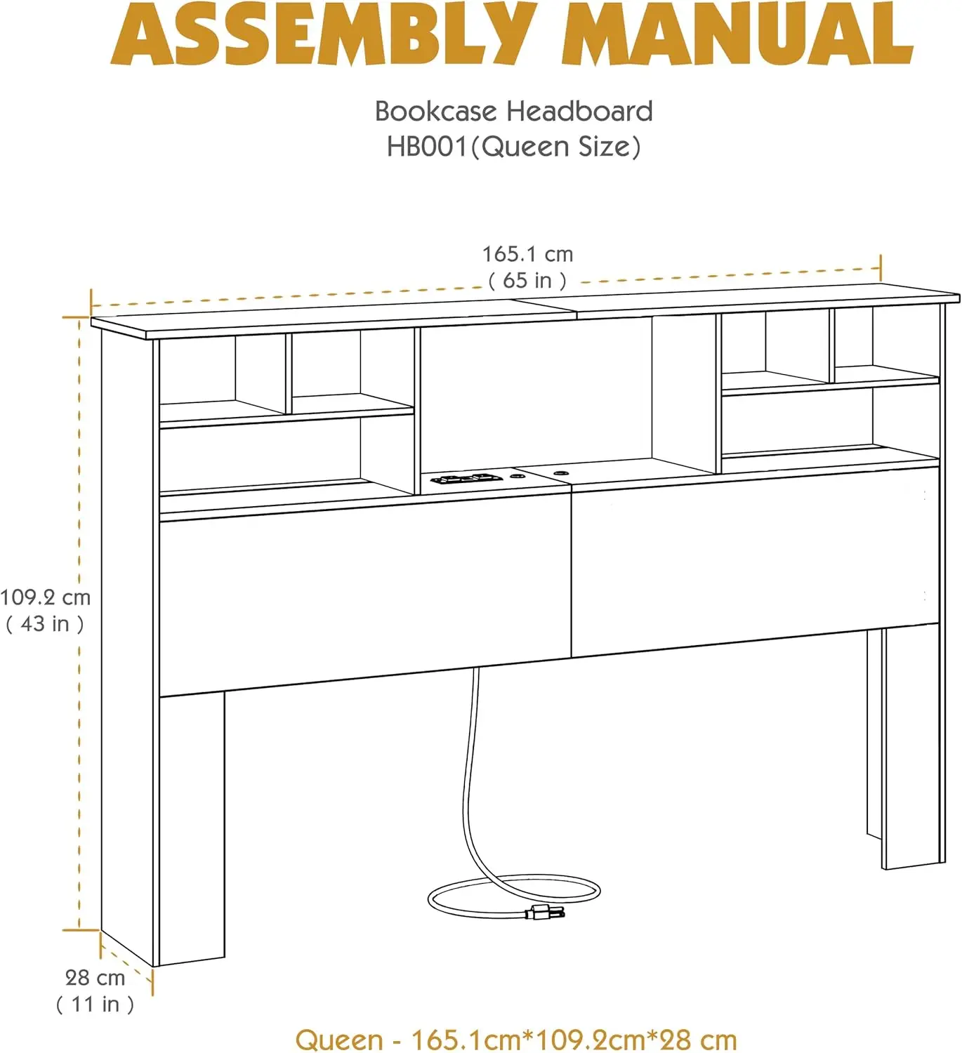 Wood Bookcase Headboard with Charging Station & 2 LED Lights, Stylish Headboards for Queen Size Bed