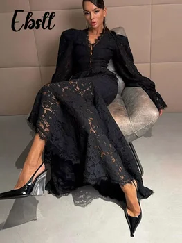 Slim Lace Flare Sleeve Top Skirts Set 2026 Spring Sexy V-neck Single Breasted Hollow-out Tops Fishtail Long Skirt Female Outfits 1