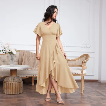 BABYONLINE فساتين سهرة رسمية سوداء طويلة للنساء فساتين زفاف أنيقة برقبة على شكل حرف V ملفوفة وكشكشة