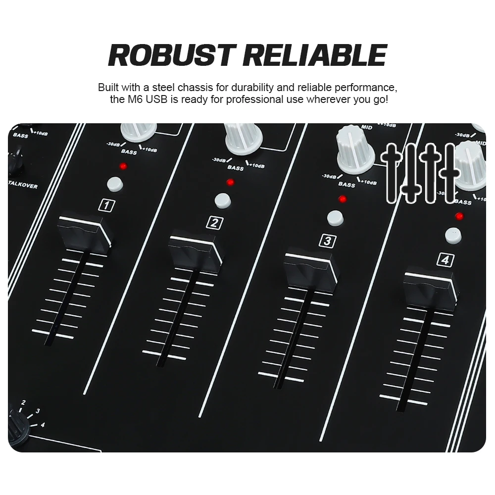 DGNOG M6 USB 4-Channel DJ Mixer with Built-In Audio Interface 3-Band EQ Microphone Input and Replaceable Crossfader for DJ Stage