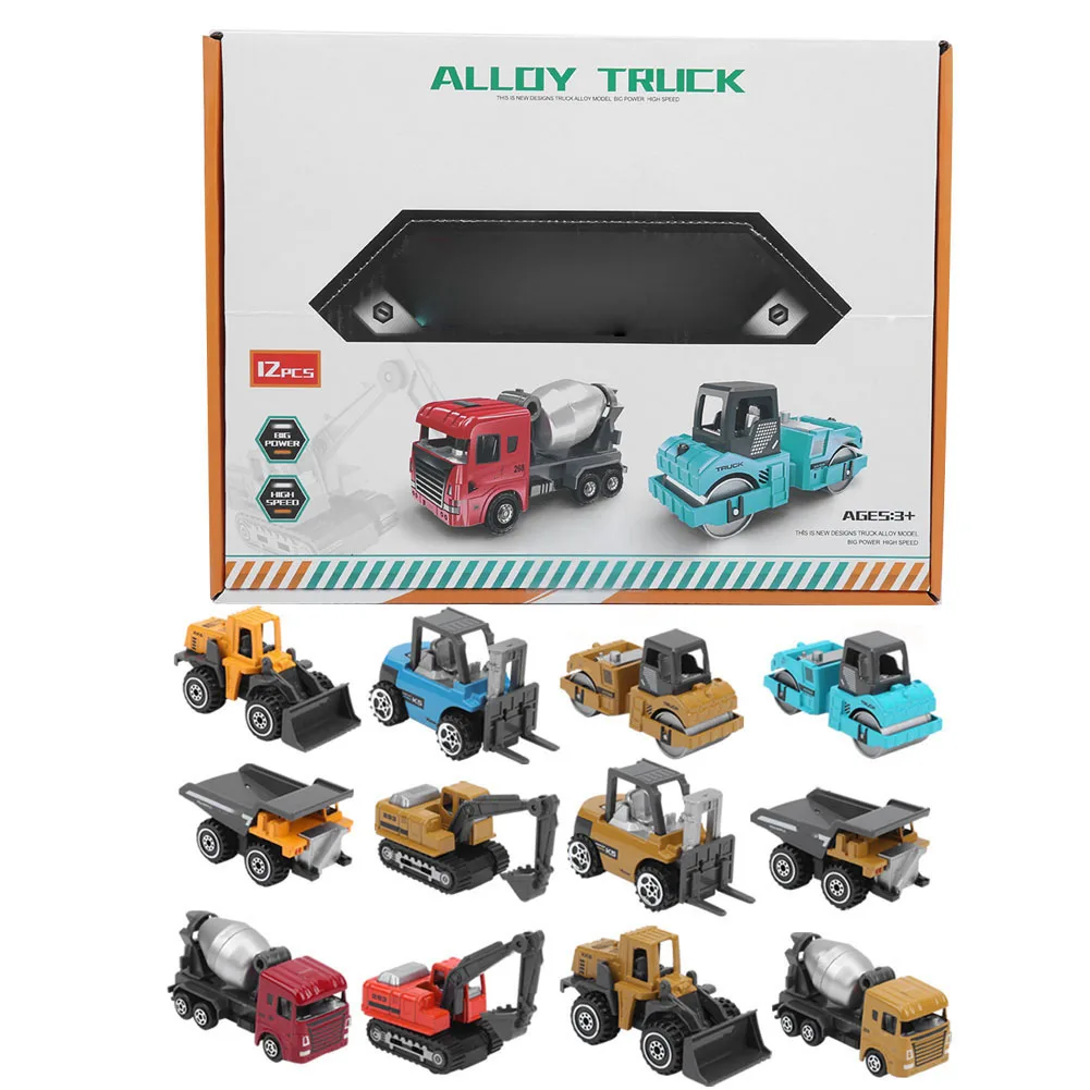 12pcs 1:64 Engineering Truck Model Alloy Construction Vehicle Toy Simulation Excavator Forklift Roller Toy Figurine Gift For Kid